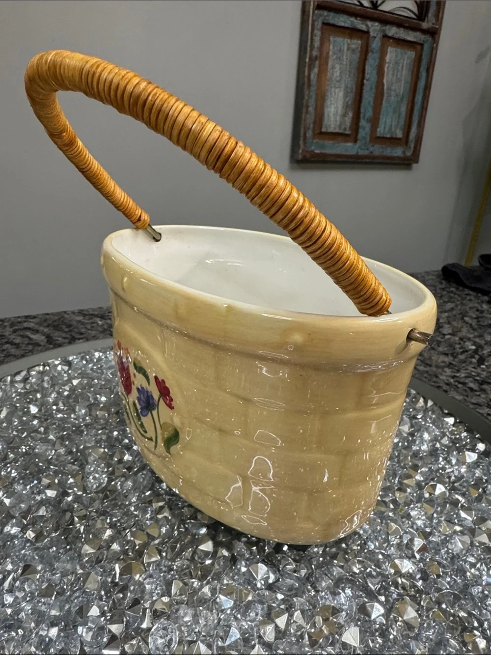 Pfaltzgraff vintage Ceramic Basket Planter with Floral Motif and Woven Handle
